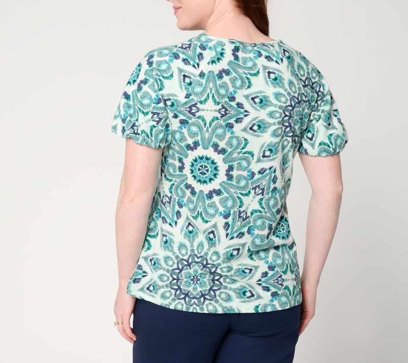 Denim & Co. Printed Linen Slub Bubble Sleeve V-Neck Top — View 4