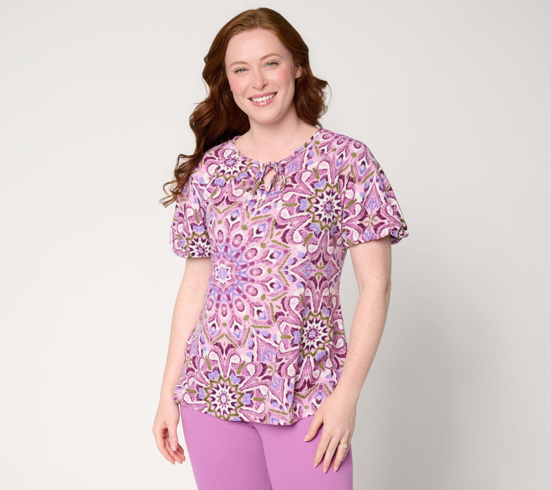 Denim & Co. Printed Linen Slub Bubble Sleeve V-Neck Top — View 10