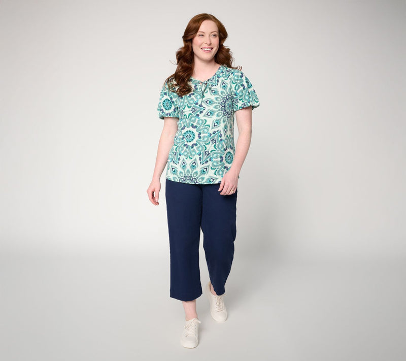 Denim & Co. Printed Linen Slub Bubble Sleeve V-Neck Top — View 5