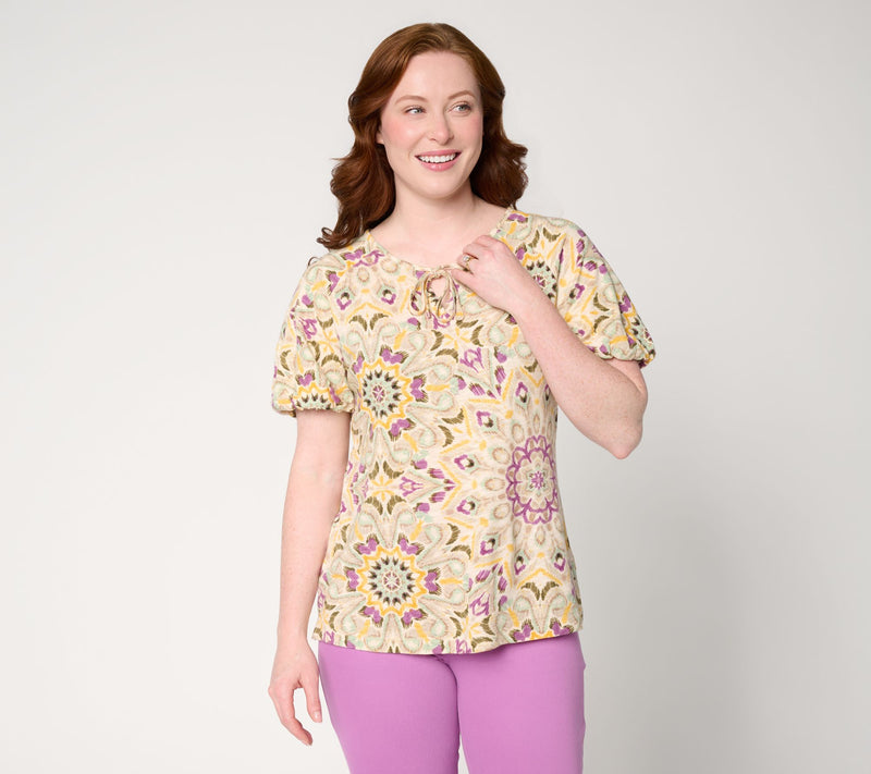 Denim & Co. Printed Linen Slub Bubble Sleeve V-Neck Top — View 12