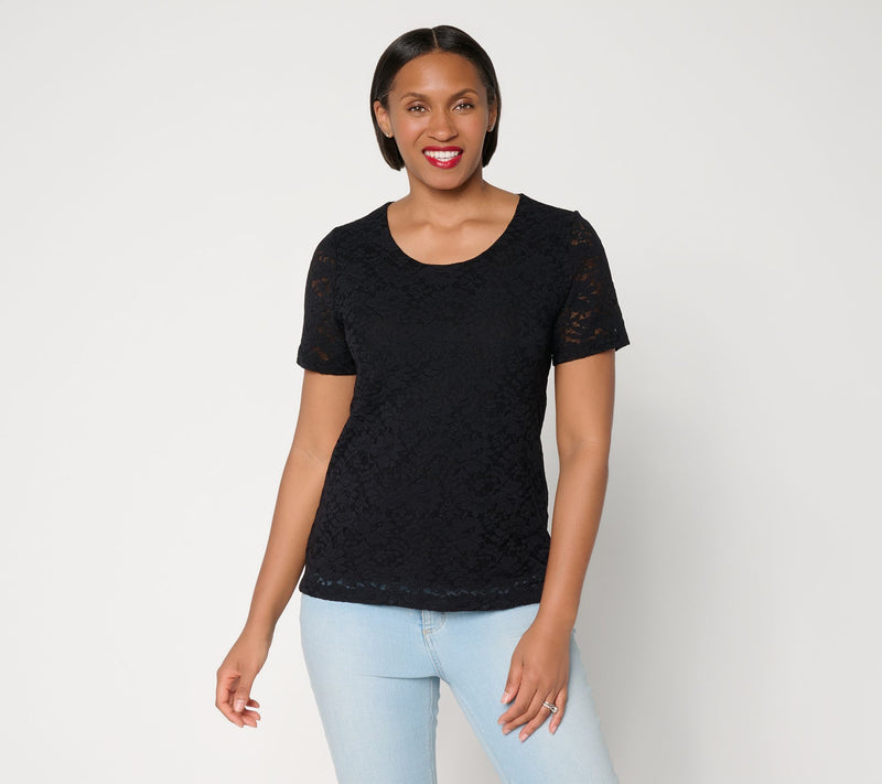 Susan Graver Stretch Knit Lace Short Sleeve Top — View 10