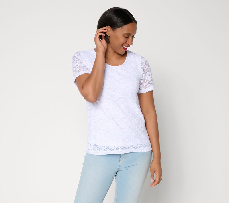 Susan Graver Stretch Knit Lace Short Sleeve Top — View 11