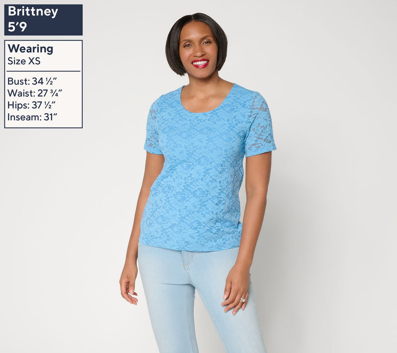 Susan Graver Stretch Knit Lace Short Sleeve Top — View 3