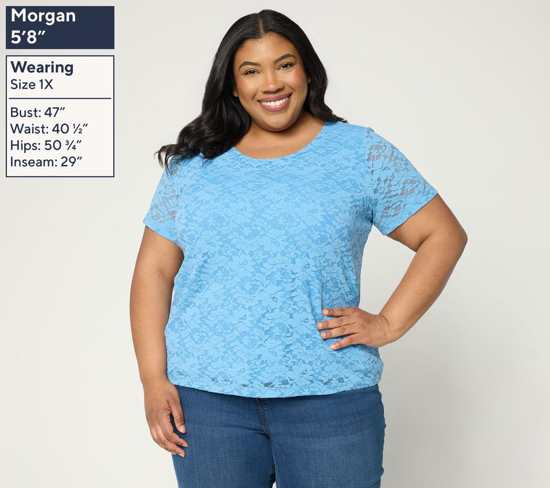 Susan Graver Stretch Knit Lace Short Sleeve Top — View 2
