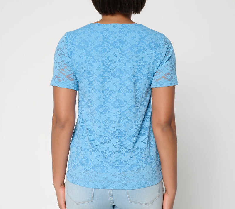 Susan Graver Stretch Knit Lace Short Sleeve Top — View 4