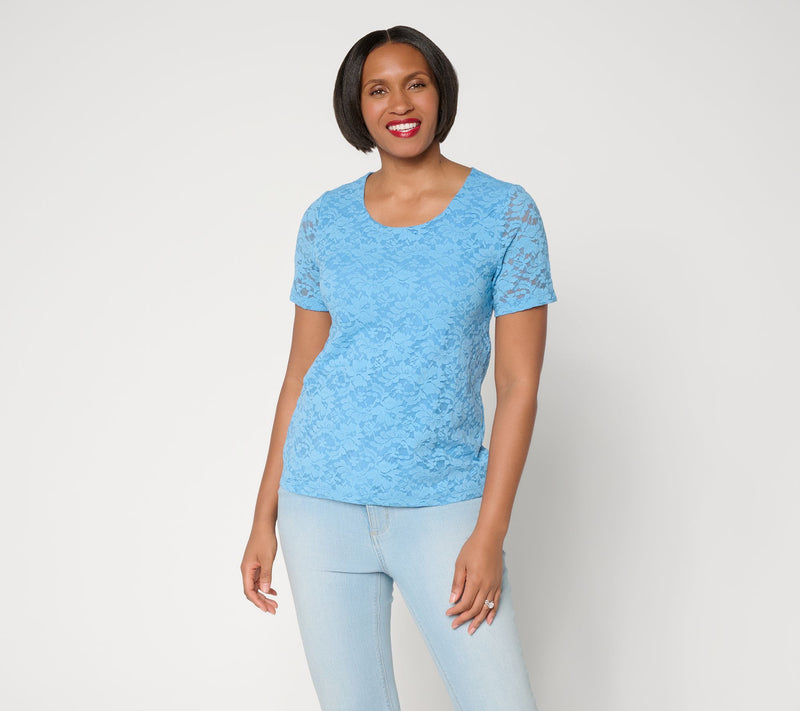 Susan Graver Stretch Knit Lace Short Sleeve Top — View 12