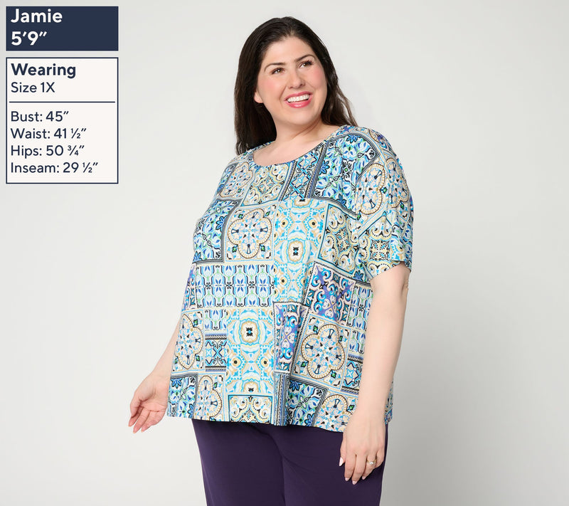 Susan Graver Printed Rayon Spandex Dolman Sleeve Bateau Neck Top — View 2