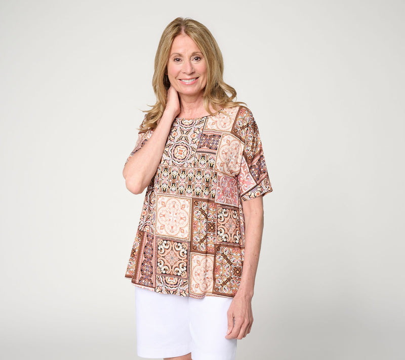 Susan Graver Printed Rayon Spandex Dolman Sleeve Bateau Neck Top — View 10