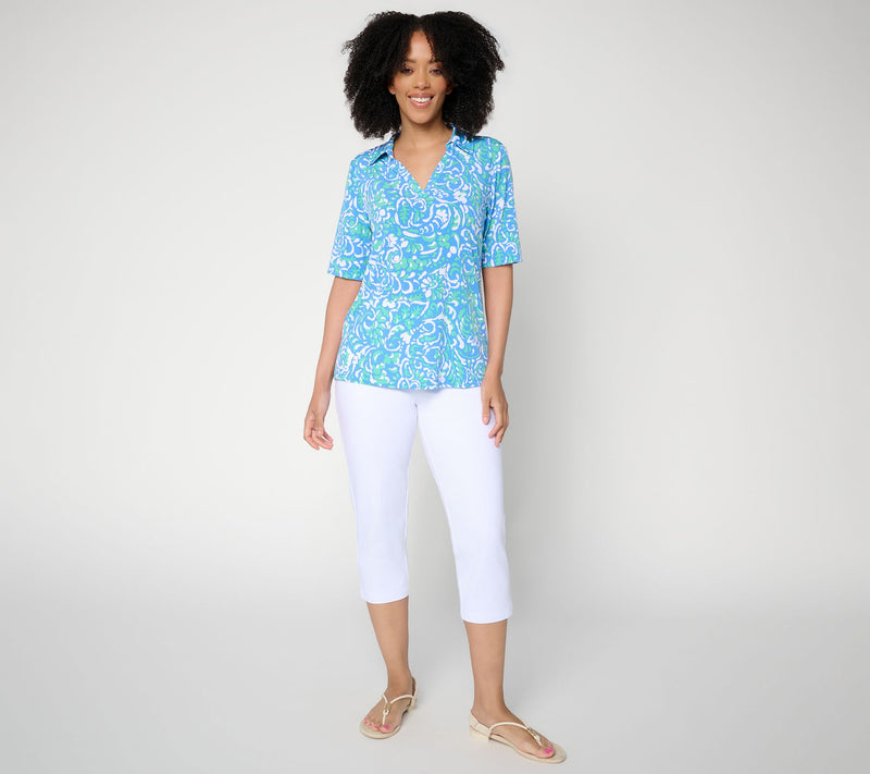 Susan Graver Printed Liquid Knit Split-Neck ElbowSleeve Top — View 4