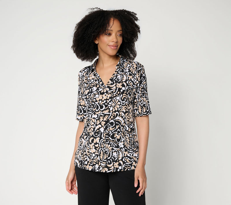 Susan Graver Printed Liquid Knit Split-Neck ElbowSleeve Top — View 9