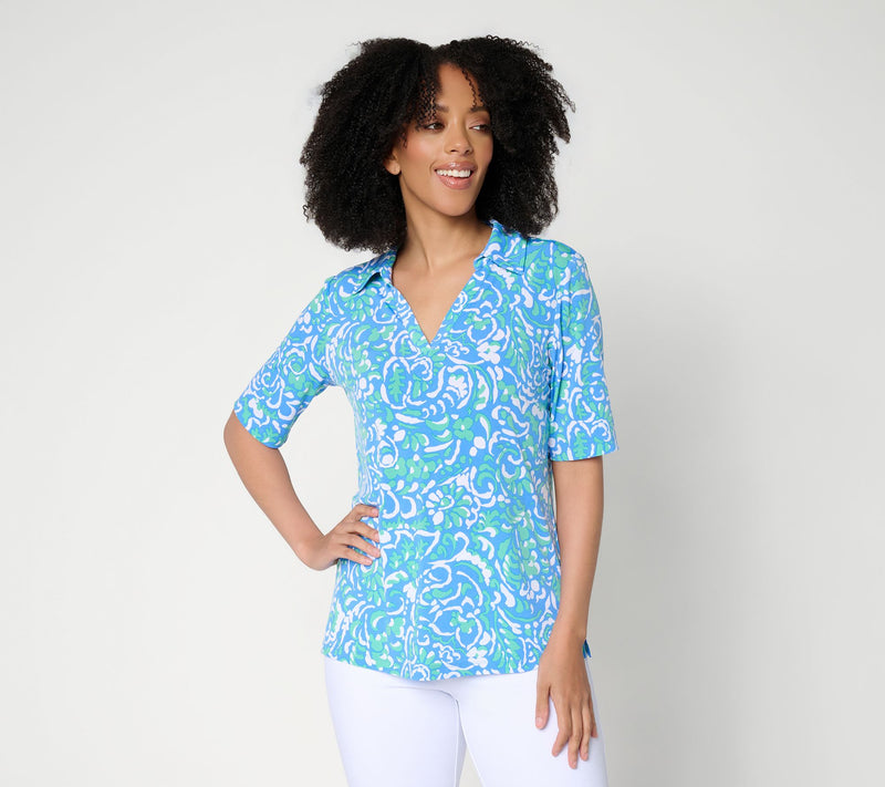 Susan Graver Printed Liquid Knit Split-Neck ElbowSleeve Top — View 10