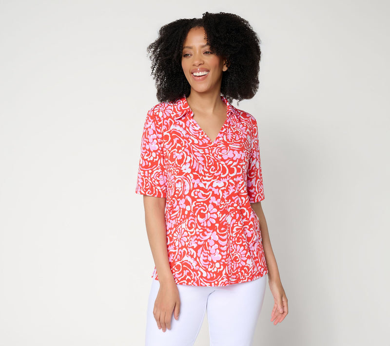 Susan Graver Printed Liquid Knit Split-Neck ElbowSleeve Top — View 11