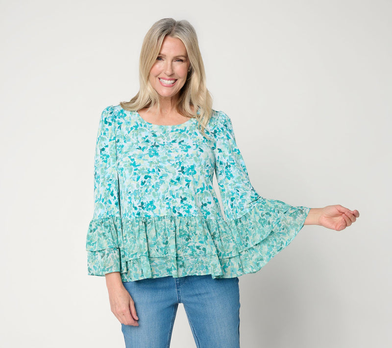 Susan Graver Printed Liquid Knit Scoop Neck Top with Woven Ruffle — View 13