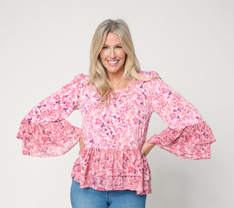 Susan Graver Printed Liquid Knit Scoop Neck Top with Woven Ruffle — View 14