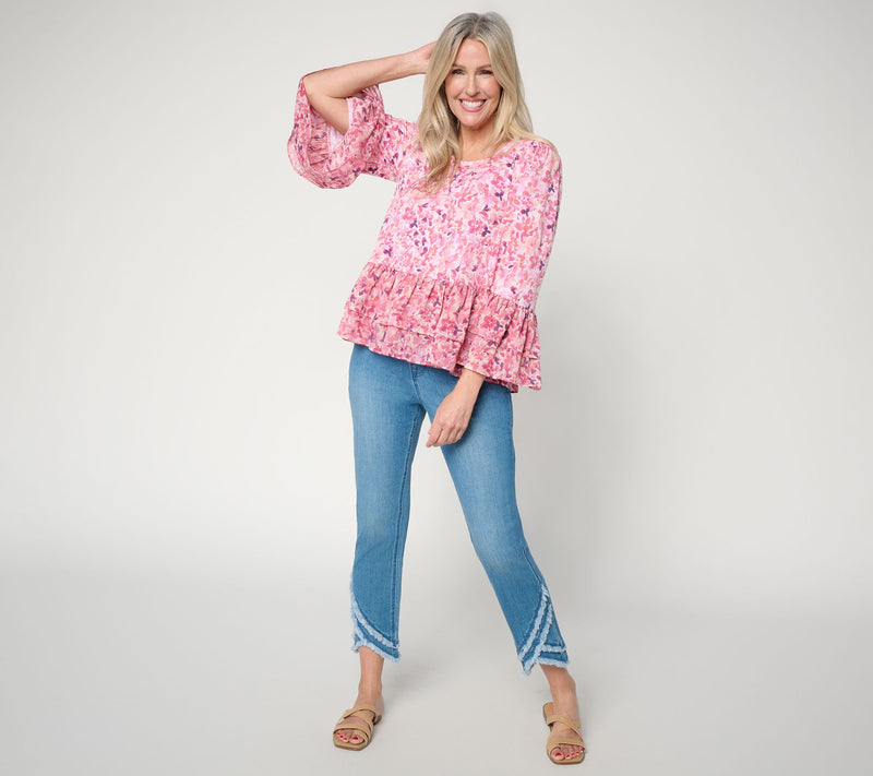 Susan Graver Printed Liquid Knit Scoop Neck Top with Woven Ruffle — View 7
