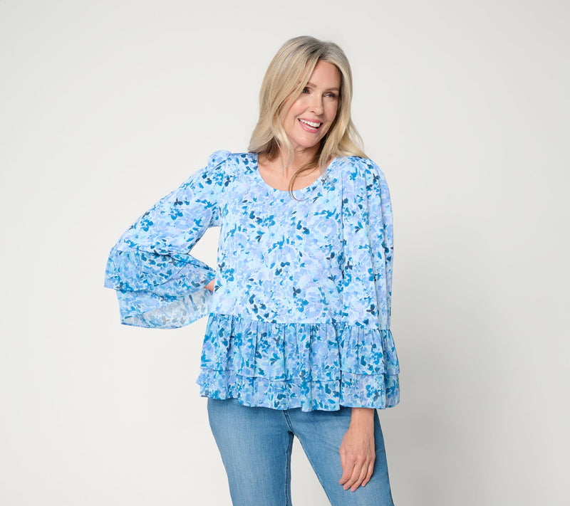 Susan Graver Printed Liquid Knit Scoop Neck Top with Woven Ruffle — View 15