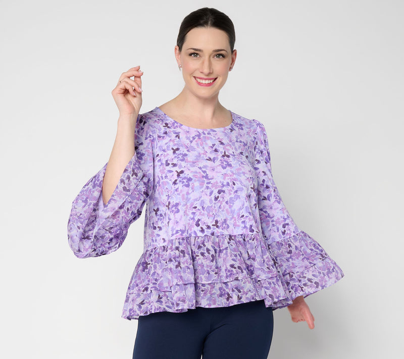 Susan Graver Printed Liquid Knit Scoop Neck Top with Woven Ruffle — View 3