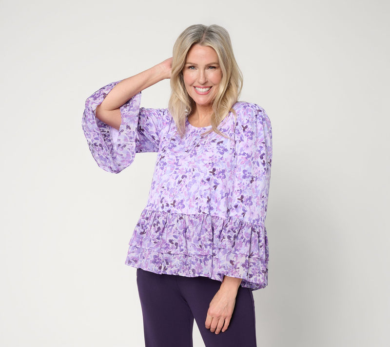 Susan Graver Printed Liquid Knit Scoop Neck Top with Woven Ruffle — View 16