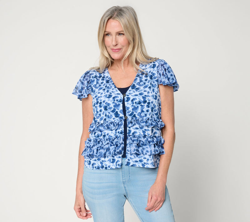 Susan Graver Printed Liquid Knit and Sheer Woven Ruffle Accent Shrug — Main view