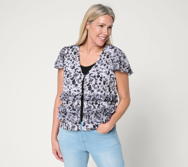 Susan Graver Printed Liquid Knit and Sheer Woven Ruffle Accent Shrug — View 10