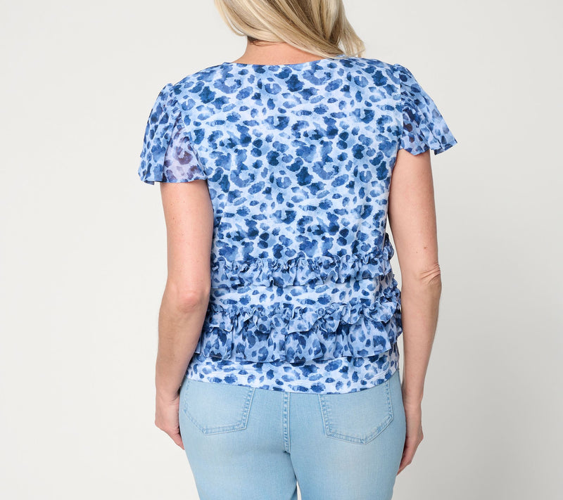Susan Graver Printed Liquid Knit and Sheer Woven Ruffle Accent Shrug — View 4