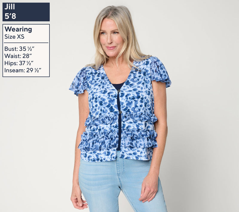 Susan Graver Printed Liquid Knit and Sheer Woven Ruffle Accent Shrug — View 3