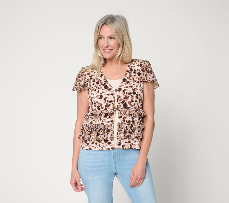 Susan Graver Printed Liquid Knit and Sheer Woven Ruffle Accent Shrug — View 12