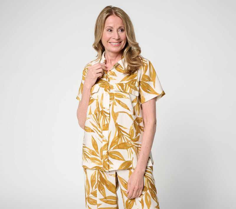 Susan Graver Weekend Printed Crinkle Woven Faille Button Front Top — View 10