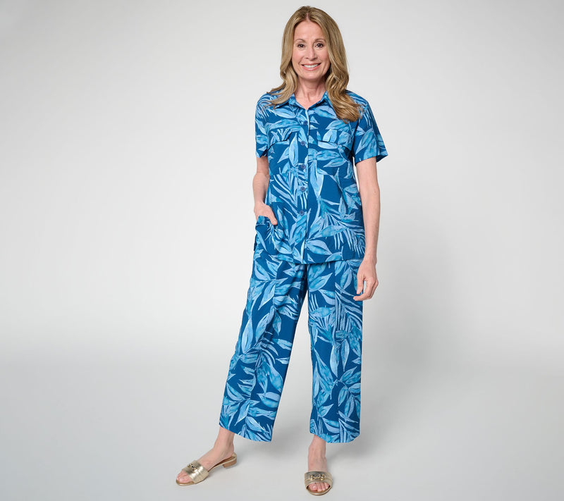 Susan Graver Weekend Printed Crinkle Woven Faille Button Front Top — View 5