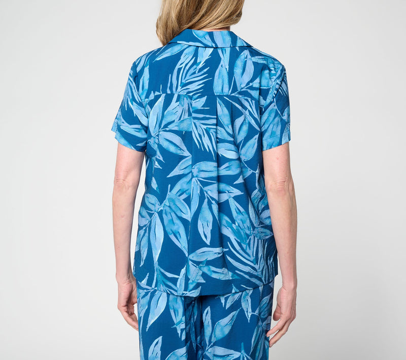 Susan Graver Weekend Printed Crinkle Woven Faille Button Front Top — View 4