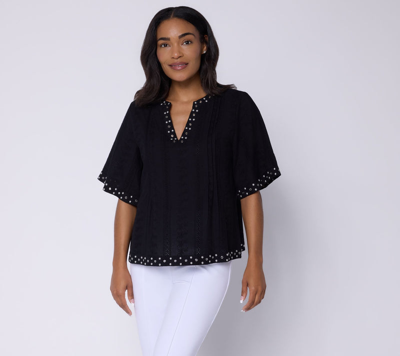 Susan Graver Woven Dobby Eyelet Split Neck Top with Studs — View 3