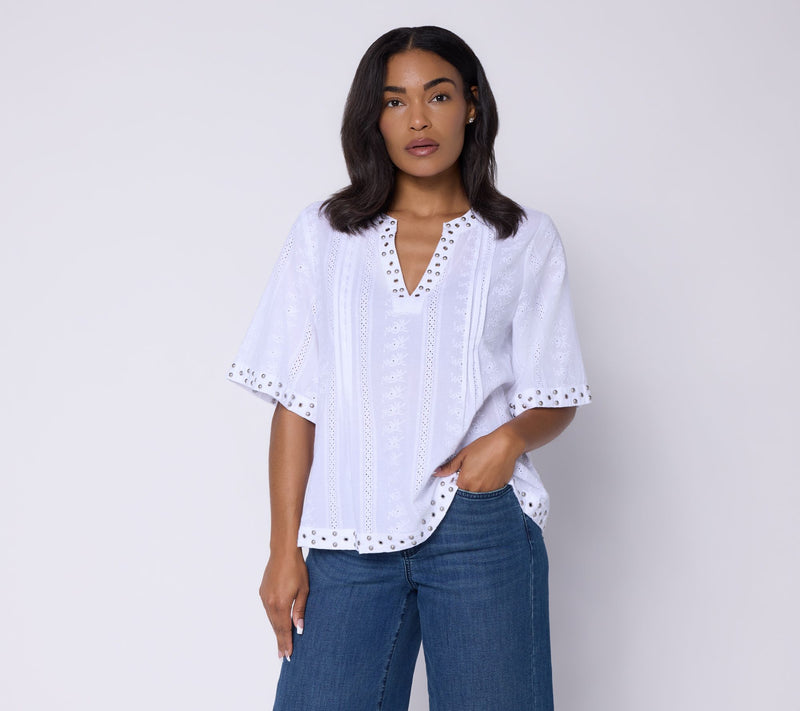 Susan Graver Woven Dobby Eyelet Split Neck Top with Studs — View 7