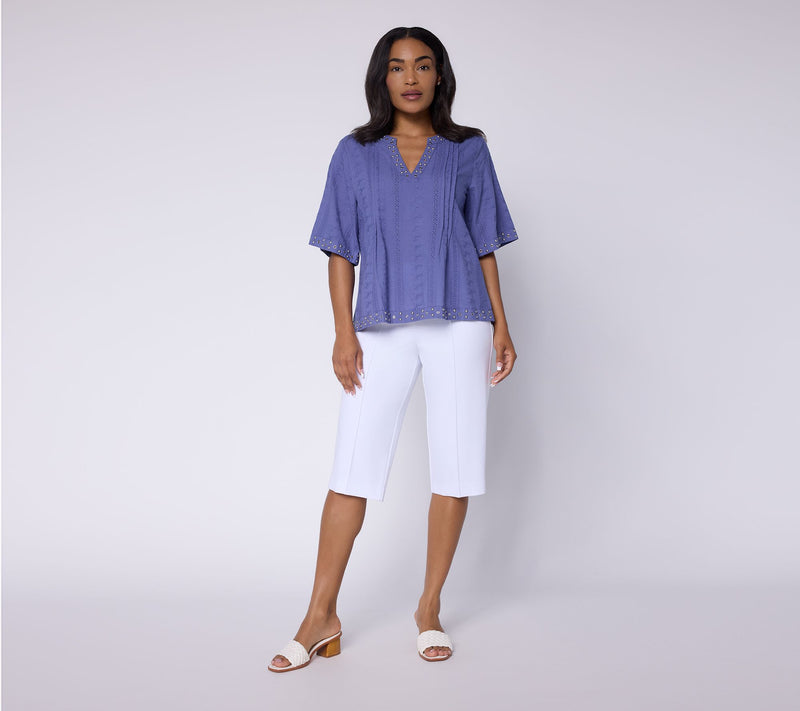 Susan Graver Woven Dobby Eyelet Split Neck Top with Studs — View 9