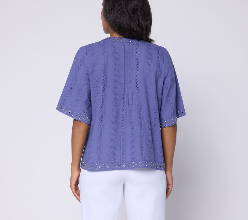 Susan Graver Woven Dobby Eyelet Split Neck Top with Studs — View 8