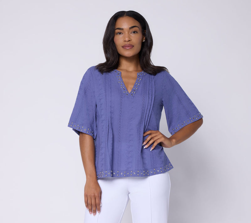 Susan Graver Woven Dobby Eyelet Split Neck Top with Studs — View 5