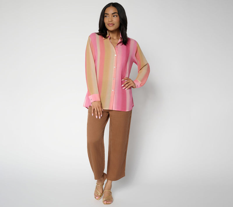 Susan Graver Regular Printed Chiffon Long Sleeve Button Front Tunic — View 5