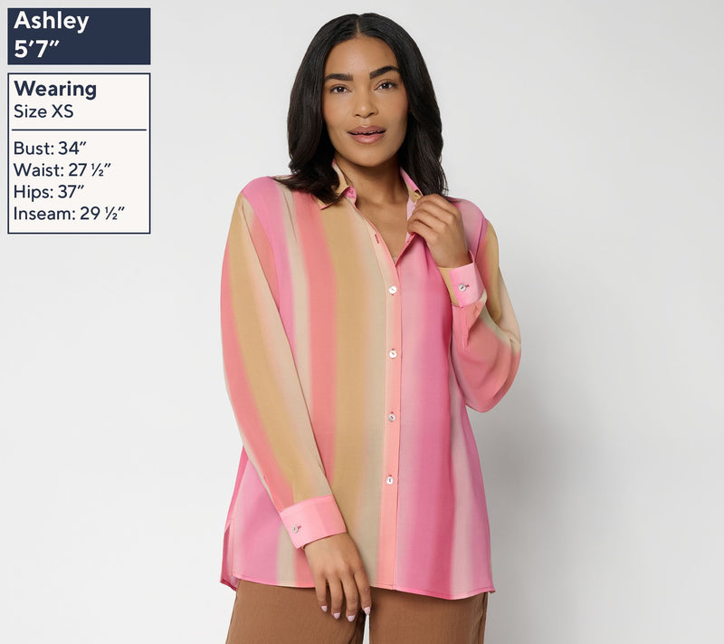 Susan Graver Petite Printed Chiffon Long Sleeve Button Front Tunic — View 7