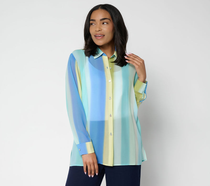 Susan Graver Petite Printed Chiffon Long Sleeve Button Front Tunic — View 3