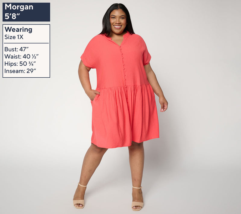 Susan Graver Regular Textured Woven Button Front Dress — View 2
