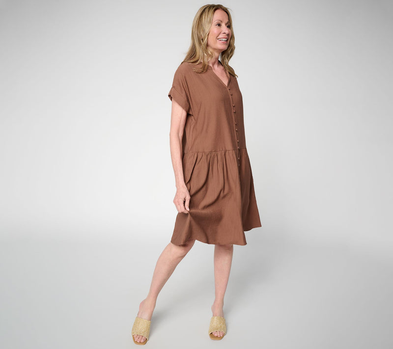 Susan Graver Regular Textured Woven Button Front Dress — View 14