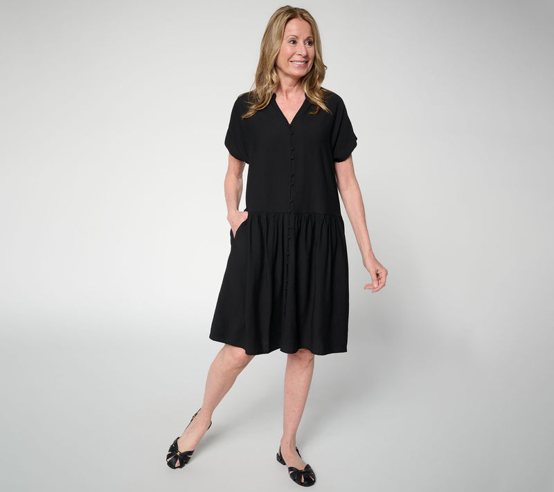 Susan Graver Petite Textured Woven Button Front Dress — View 3