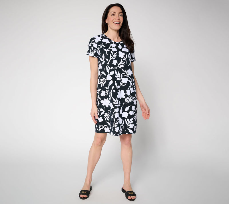 Susan Graver Weekend Petite Printed Comfy Cotton Crew Neck Dress — View 3