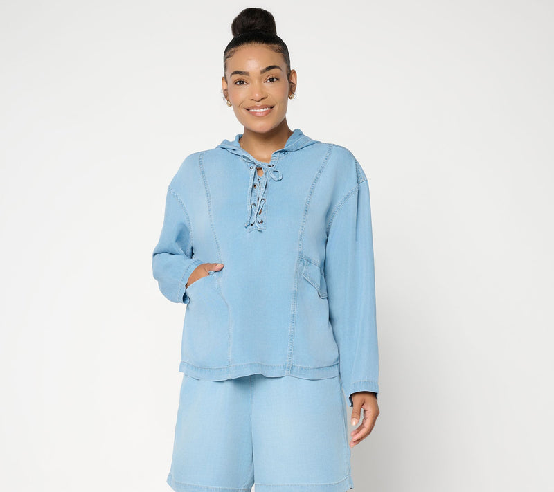 Peace Love World Denim Long Sleeve Lace Up Hoodie — View 9