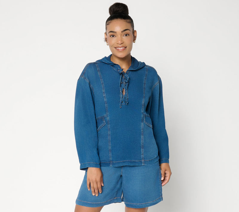 Peace Love World Denim Long Sleeve Lace Up Hoodie — View 10