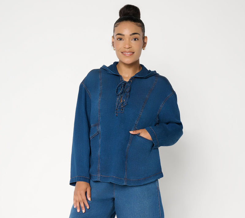 Peace Love World Denim Long Sleeve Lace Up Hoodie — View 11