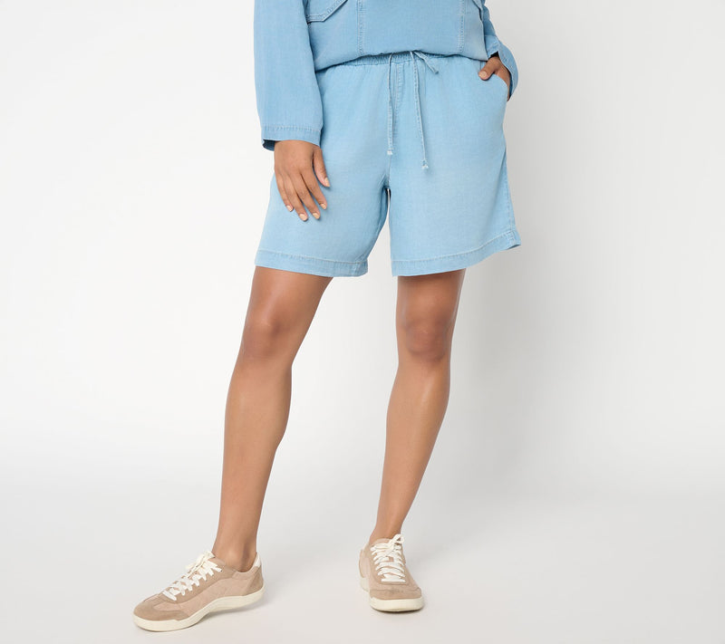 Peace Love World Petite Denim Pull On Shorts with Smocked Waist — View 2