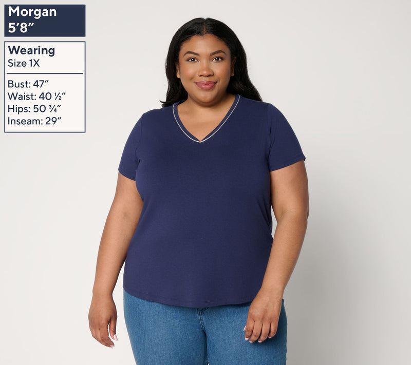 BEAUTIFUL by Lawrence Zarian Classic Knit Metallic Trim V-Neck Top — View 2