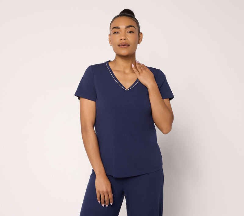 BEAUTIFUL by Lawrence Zarian Classic Knit Metallic Trim V-Neck Top — View 12