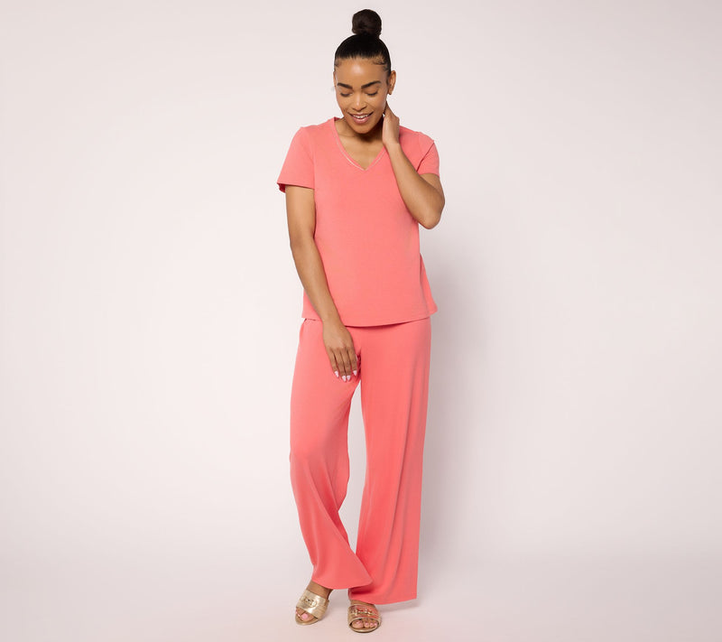 BEAUTIFUL by Lawrence Zarian Classic Knit Metallic Trim V-Neck Top — View 5