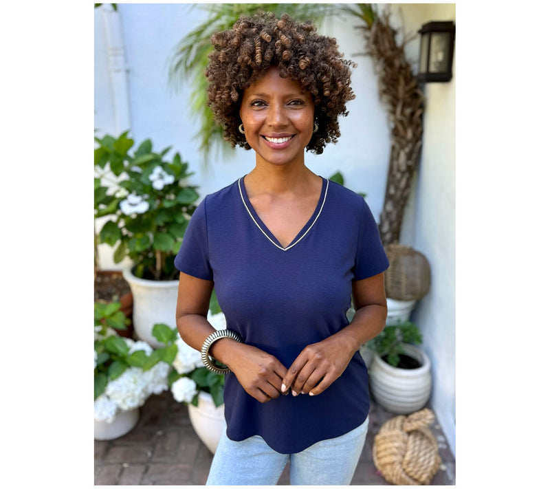 BEAUTIFUL by Lawrence Zarian Classic Knit Metallic Trim V-Neck Top — View 8